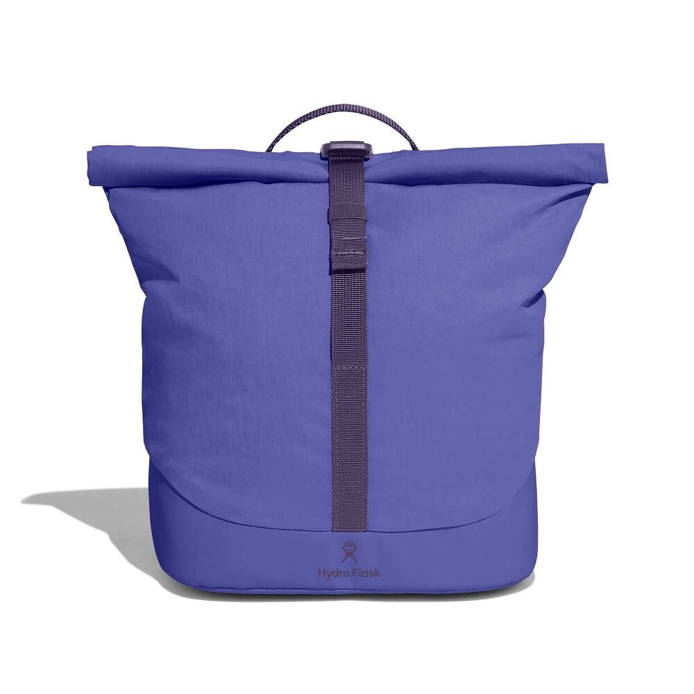 Purple Hydro Flask roll-top backpack with central webbing strap and buckle, rounded base, small carrying loop at top, and logo near bottom front.