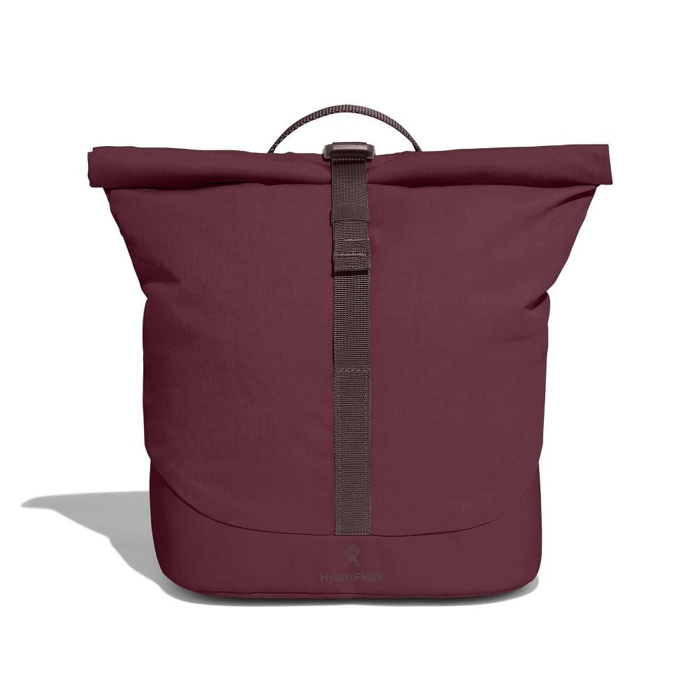 Maroon Hydro Flask roll-top tote with fabric handle, long central strap with buckle, reinforced darker bottom, durable water-resistant material, and logo near base.