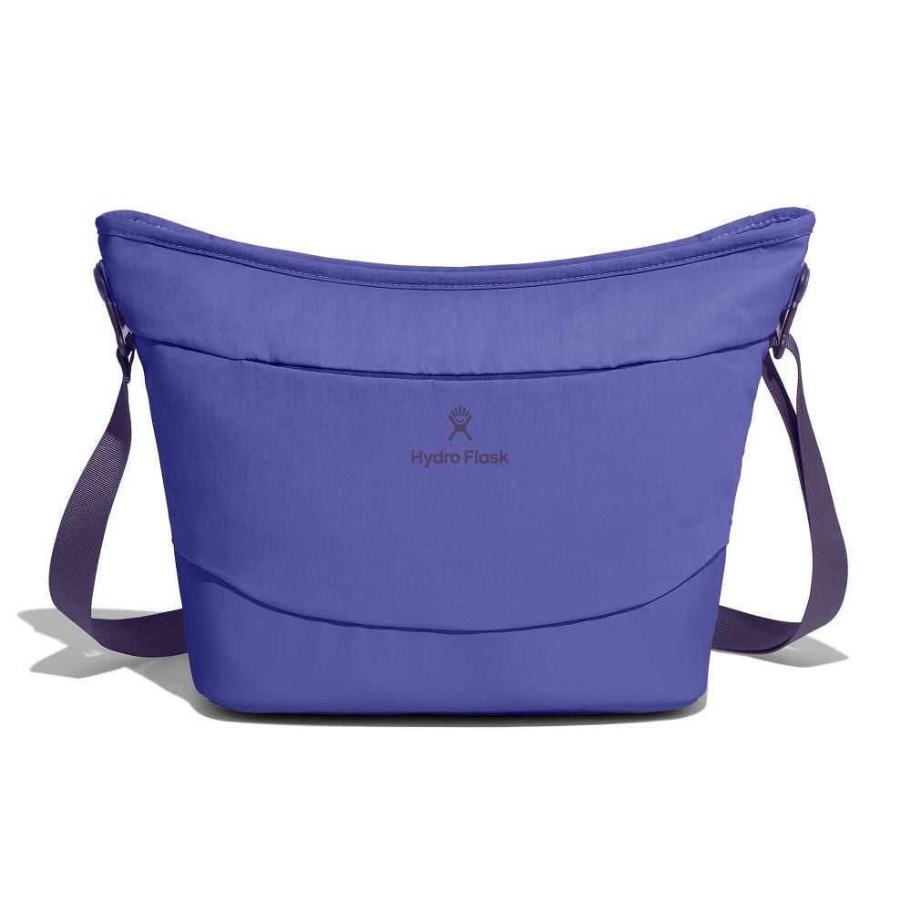 Purple Hydro Flask insulated cooler bag with curved wide top, structured bottom, adjustable shoulder strap on both sides, and logo in a darker shade on front.