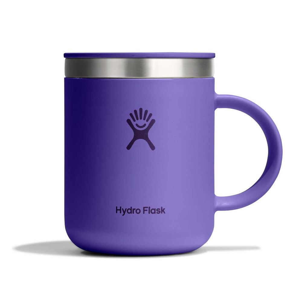 Purple Hydro Flask insulated mug with handle, matching sip lid, stainless steel rim accent, and Hydro Flask logo on front. Matte finish on white background.
