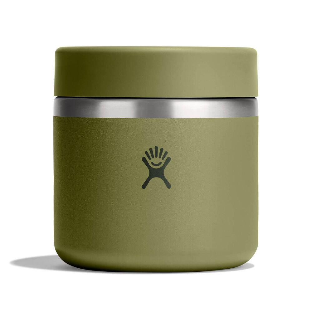 Small olive-green Hydro Flask insulated food container with cylindrical shape, wide screw-on lid, brushed metal band at top, and Hydro Flask logo on front.