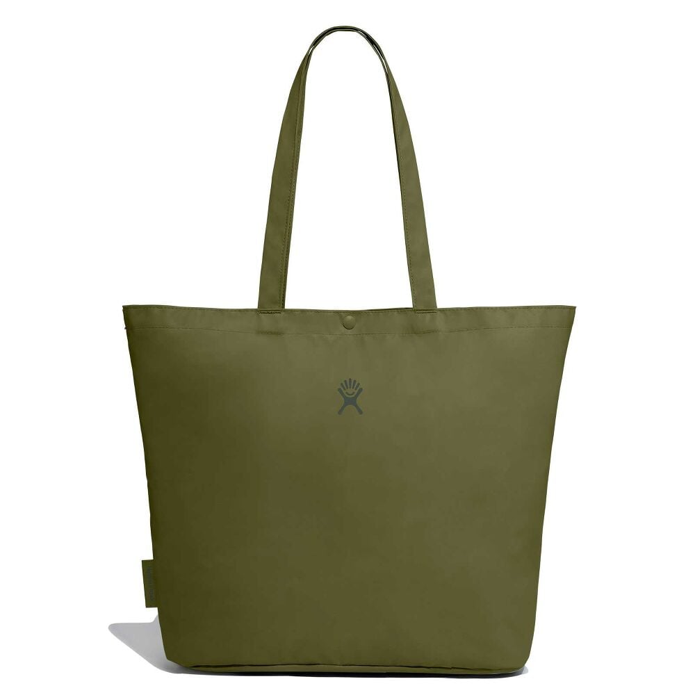 Olive-green Hydro Flask tote bag with long shoulder straps, snap button closure. Hydro Flask logo on front, water-resistant fabric, and tapered bottom shape.
