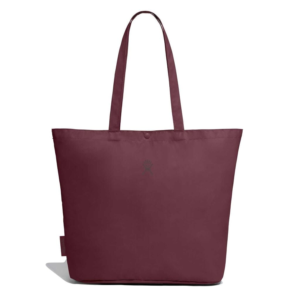Large burgundy Hydro Flask tote bag with two long shoulder straps, snap-button closure, subtle hand logo on front, and smooth durable fabric. Tapered toward the bottom.