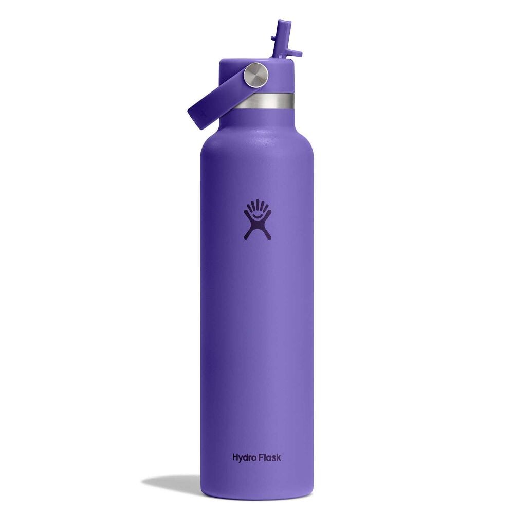 Purple Hydro Flask water bottle with sturdy handle on lid, stainless-steel accent ring, powder-coated finish, and Hydro Flask logo on front. Insulated design.